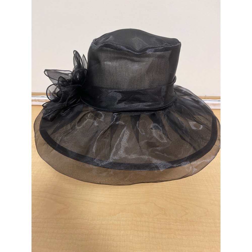 Black Organza Wide Brim Sun Hat Sheer Floral Church Wedding Formal Dress Hat